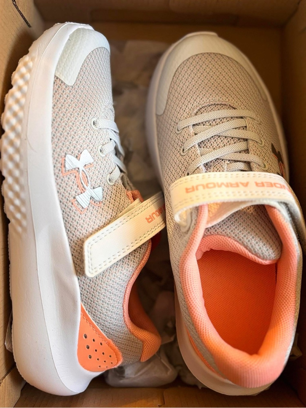 Under Armour Kids Beige and Coral Velcro Athletic Sneakers